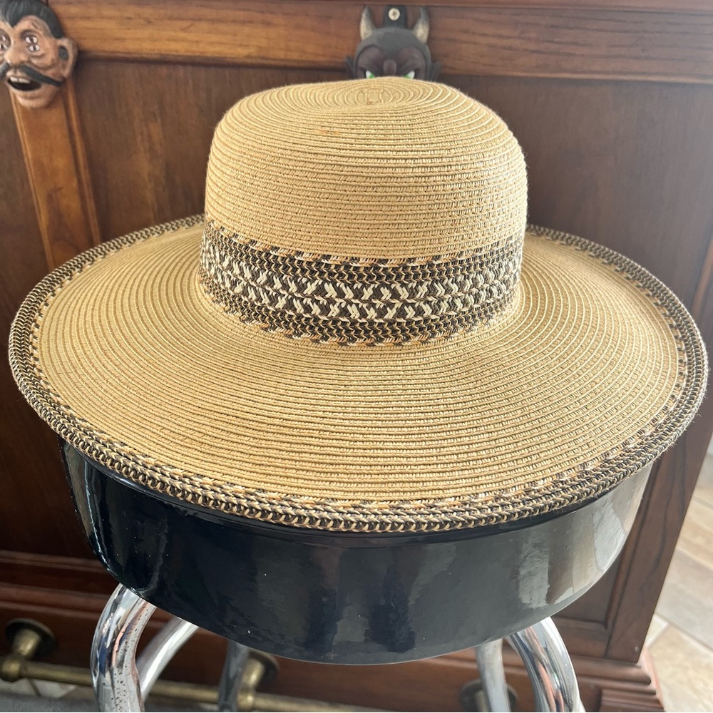 C.C Wide Brim Straw Sun Hat in Tan with Brown Trim